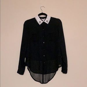 Collared High - Low Long Sleeve Blouse